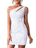 Kaei&Shi Sequin Velvet Prom Dress,Cut Out One Shoulder Short Formal Dresses,Sparkly Outfits Women HOCO Birthday Cocktail Silver White Small