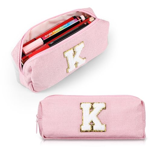 Saypacck Initial Letter Pencil Case Chenille Letter Pencil Pouch Pink Pencil Bag Personalized Makeup Bag Preppy Cosmetic Bags Initial Pencil Pouch for Student Teen School Office Organizer (Letter K)