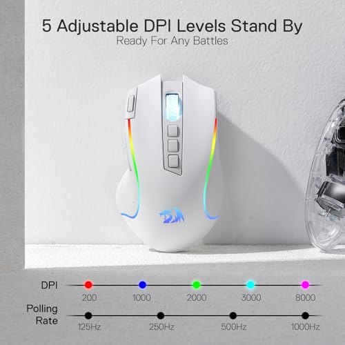 Image of Redragon M612 PRO RGB Gaming Mouse, 8000 DPI Wired /Wireless Optical Mouse with 9 Programmable Buttons & 6 Backlit Modes, BT & 2.4G Wireless, Software Supports, White