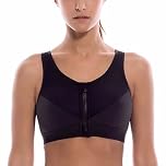 SYROKAN Women's Sports Bra High Impact Front Fastening Zipper Wireless Post Surgery Support Workout Bra Black 34D