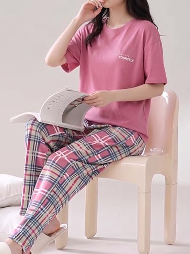 Image of Celary Women's Cotton Blend Printed Night Suit Set||Soft & Breathable Short Sleeve Top & Ethnic Print Pyjama Set||Also Available in Plus Size||Korean Night Suit||Comfortable Home Wear & Sleepwear