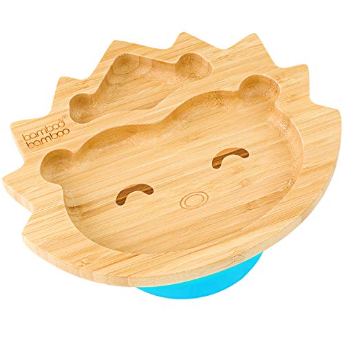 Image of bamboo bamboo Baby and Toddler Plate with Suction Cup for Feeding and Weaning, Bamboo Hedgehog Plate for Babies from 6 Months (Hedgehog, Blue)