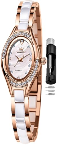 Image of OLEVS Women's Quartz Watches - Elegant Oval Diamond Dress Watch with Ceramic Band, 30M Waterproof Ladies Wrist Watch for Dress & Casual Wear (Rose Gold Blue /Red /Purple /White)