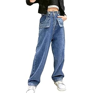 Rolanko Girls Jeans Denim Elastic Wasit Wide Leg Baggy Pants Kids Clothes 4-14 Years