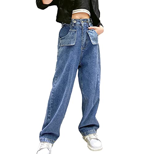 Rolanko Girls Jeans Denim Elastic Wasit Wide Leg Baggy Pants Kids Clothes 4-14 Years