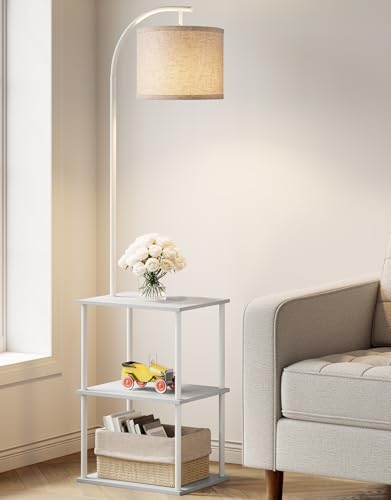 Image of PARTPHONER Floor Lamp with Table, Night Stand with Lamp, Narrow Side Table with 3CCT LED Bulb, Small Coffee Table, Modern End Table with Storage Shelves for Living Room Bedroom Home Decor, White