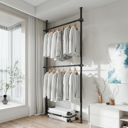 SYAMEET Adjustable Garment Rack Floor-to-Ceiling Clothes Rack - Thick Steel, Nail-Free Installation, with 2 Pillars, 2 Bars