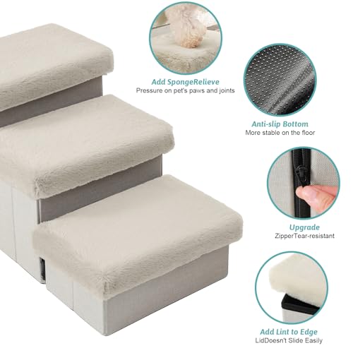 Dog Stairs for Small Dogs with Storage and Condo, 14" H Foldable Pet Stairs for Small Medium or Puppy Dogs and Older Cats, Dog Steps for Bed or Couch, 13x27x14 inch, 3 Tiers, Beige - Image 3