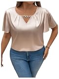 SOLY HUX Women's Plus Size Satin Blouse Keyhole Neck Short Sleeve Casual Business Tops Elegant Shirts Plain Champagne 1XL