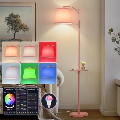 Image of AIDENOEY Smart Floor Lamp with Side Table | Stepless Dimming, RGB Multi-Color | Adjustable Swivel Head | Voice Control with Alexa & Google Assistant |Pink Lamp for Living Room,Bedroom,Home Office