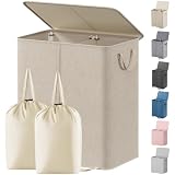 Lifewit Double Laundry Hamper with Lid and Removable Laundry Bags, Large Collapsible 2 Dividers Dirty Clothes Basket with Handles for Bedroom Laundry Room Closet Bathroom College, 155L Beige