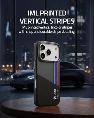 Image of CG MOBILE BMW [Official Licensed] Protective Case Designed for iPhone 17 Pro Max |Motorsport Collection|IML Printed Case with Vertical Stripes - Black