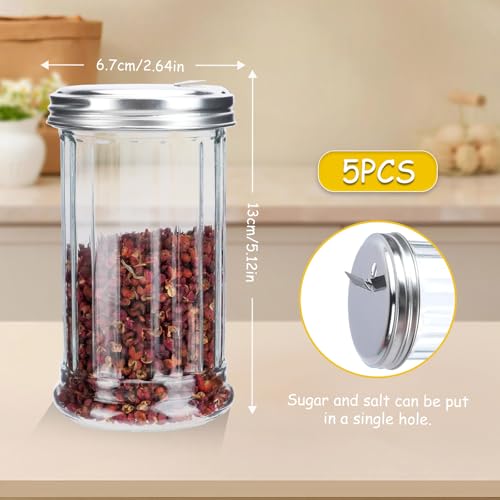 5 Pack Sugar Dispenser, Clear Stylish Retro Glass with Stainless Steel Lid, Kitchen Salt and Spice Shakers for Counter, Coffee, Bar, Restaurant (11.8oz) - Thumbnail 2