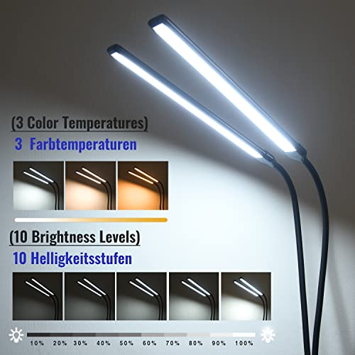 Cesunlight Desk Lamp, Clamp On Lamp With 2 Led Tubes, 13W, 1200 Lms, 3 Color Modes, 10 Brightness Levels, 18.5 Inches Flexible Gooseneck Led Clip Book Light For Reading, Working (Adapter Included) #TOP1