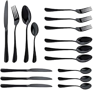 Black Cutlery Sets, 16 Piece Mixed Knives and Forks Set Reusable Tableware, Stainless Steel Dinner Knives Spoons Kitchen Cutlery for 4