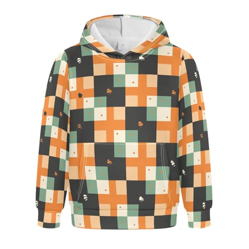 KLL Buffalo Plaid Green Black Cartoon Boys Girls Sweatshirts Sweater Crewneck Cool Hoodie Clothes with Kangaroo Pocket