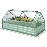 Giantex Galvanized Steel Raised Garden Bed with Mini Greenhouse, Outdoor Metal Planter Box Kit with Large Roll-up Cover, 71"x 35.5"x 36" Planter Raised Bed for Flower Vegetable Fruit (Green & Silver)