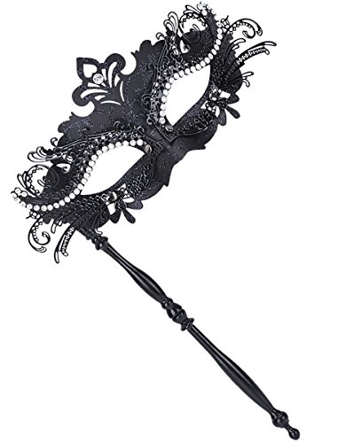 Coxeer Masquerade Mask on a Stick Black Halloween Costume Metal Venetian Mask