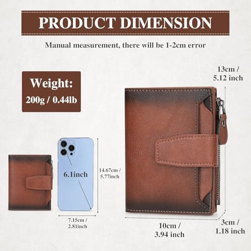 Genuine Leather Wallet for Men Slim Bifold Zipper RFID Blocking Large Capacity Card Holder Coin Pocket Front Pocket Gift (Brown)2