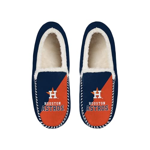 FOCO MLB Unisex-Adult Officially Licensed Color Block Primary Logo Wordmark Sherpa Lined Moccasin Slippers (Houston Astros US Footwear Size System Adult Men Numeric Range Medium 13 14)