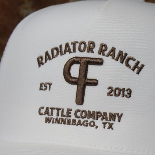Image of Rodeo Time Dale Brisby Radiator Ranch PF Brand Adjustable Snapback Hat for Men and Women, Breathable Baseball Cap Mesh Snap Back Cap, Cool Western Trucker Hat, One Size Fits Most, White /Brown