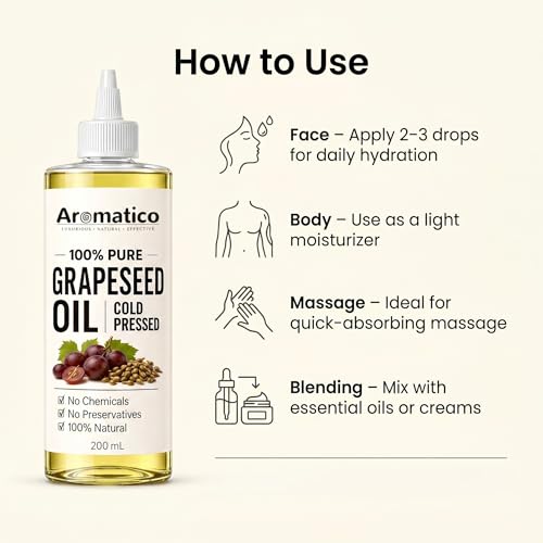 Image of AROMATICO Cold Pressed Grapeseed Oil for Hair & Skin - Lightweight Grape Seed Oil for Oily Scalp, Acne-Prone Skin & Body Massage | 200ml