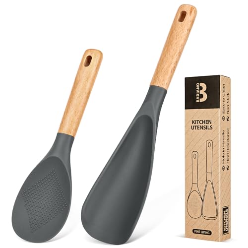 Image of Cooking Spoon And Rice Scooper for Nonstick Cookwares, Great for Cooking and Serving Durable BPA-Free Matte Silicone, Wood Handle Spoon for Mixing, Scoop, and Scrape