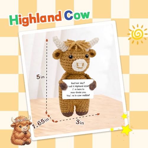Image of Hoedia Positive Crochet Highland Cow with Inspirational Card, Emotional Stuffed Animal Self Care Gift, Get Well Birthday Gifts for Women Men Friends Coworkers