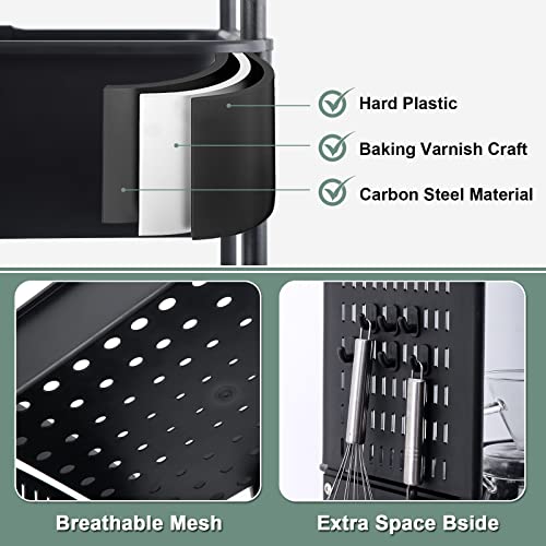 HBTower Rollwagen aus Kunststoff,Küchenwagen 4 Etagen, Servierwagen mit DIY Dual Pegboards, mit extra hängenden Tassen, feststellbare Räder für Wohnzimmer, Küche, Büro, Schwarz