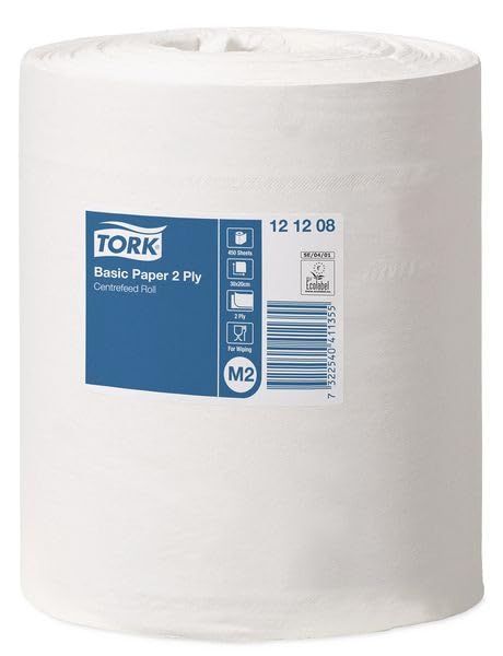 TORK 11000 Papier Essuyage Basic M2 Ouate Recyclée 2 Plis Dévidage Central Bobine 160m 4Lot de 50 300x210mm Prédecoupées Lot de 6 Blanc