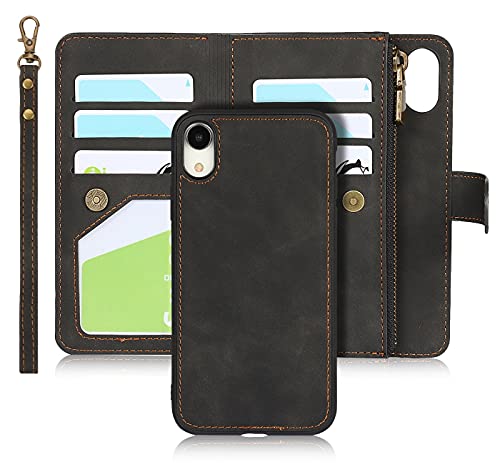 iCoverCase for iPhone XR Wallet Case with Card Holder and Wrist Strap, PU Leather Kickstand Card Slots Zipper Pocket Magnetic [Detachable] Flip Cover Case 6.1 Inch (Black)