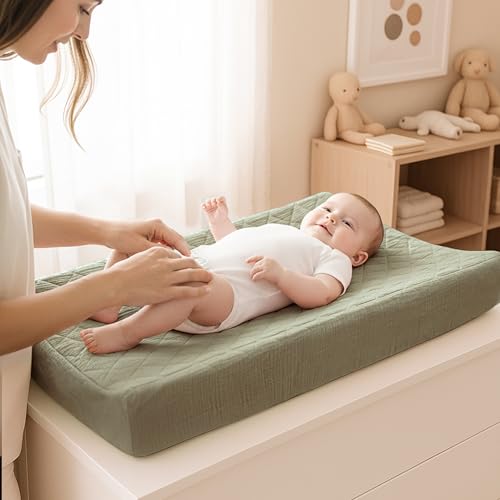 Image of Konssy Waterproof Muslin Changing Pad Cover 2 Pack, Quilted Cotton Fitted Diaper Chang Table Cover, Soft Changing Pad Sheets for Girls Boys (Fog Green,Cream)