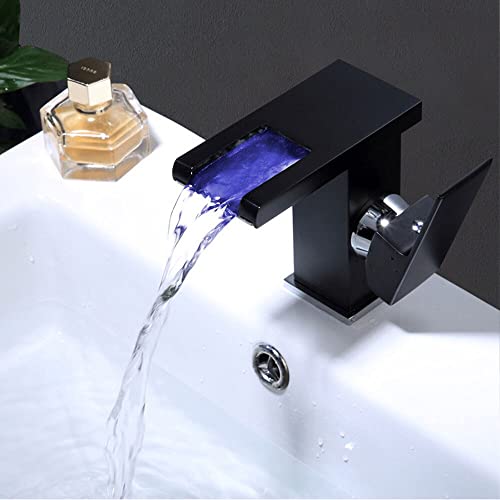 Robinet cascade LED noir anti-brûlure en laiton pour évier de salle de bain - 3