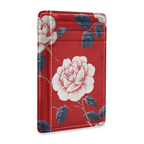 Retro FLOWERs Red Pattern leather slim wallet for men With Cash Slot RFID Blocking wallet inserts for credit cards for men&women