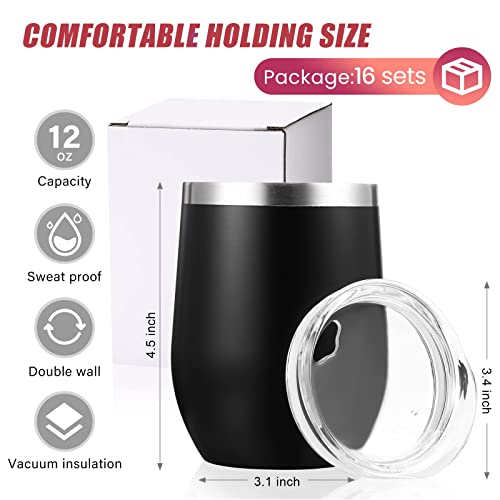 Remagr 16 Pack Stainless Steel Wine Tumblers 12 Oz Insulated Vacuum Wine Cup Set Double Wall Stainless Steel Stemless Wine Mug Glasses For Wine Coffee Soda Whiskey Outdoor Travel (Black) #TOP1