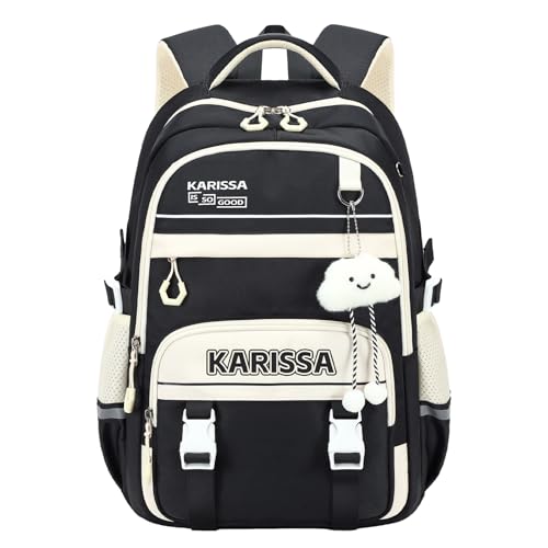 Amythe Mochila Escolar Adolescente Niña, Mochilas Ligera y Transpirable para Instituto Chicas de 10 a 14 años, Mochila Casual de Moda para Viajar con Colgante, Negra