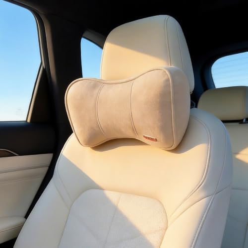 Carwales Car Neck Cushion Recliner Headrest Pillow for Office Chair Couch Memory Foam Lower Back Support Lumbar Pain Relief Ergonomic Design Extension Adjustable Strap Fits Driving Car Tan 1 Pack — view 6