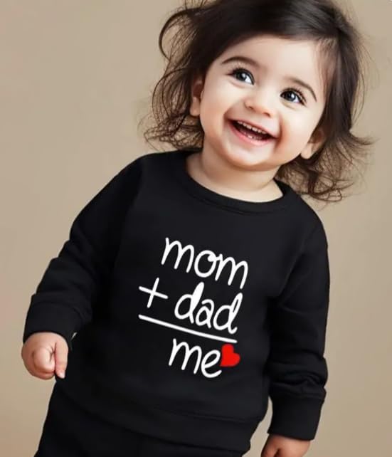 Image of Unisex Kids Hosiery Cotton Full-Sleeve Black Printed Sweatshirt & Joggers Tracksuit, Mom + Dad = Me Design, Casual Wear Coord Set