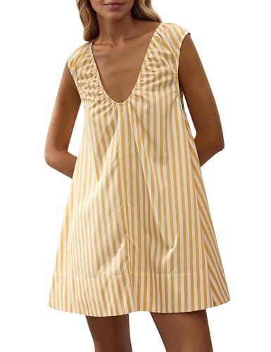 Image of OLAPTA Women Summer Sleeveless Babydoll Mini Tank Dresses Loose Fit Scoop Neck Ruched Short Dress with Pockets Party Clubwear