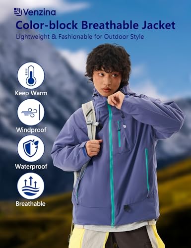 Image of Venzina Men's Waterproof Rain Jacket-Lightweight Windbreaker with Color Block Design, Breathable for Urban Outdoor, Daily Commuting I Fashion Unisex Couple Jacket