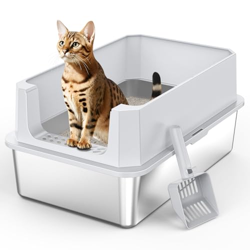 MIXJOY Bac à Litière Chat en INOX XL, Bac Litiere pour Chat 28L Grande Capacité Anti-Fuite à Bords Hauts, Design Ouvert Facile à Nettoyer avec Pelle...