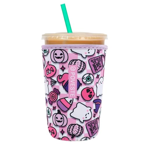 Reusable Neoprene Insulator Sleeve for Iced Coffee & Cold Soda, Coffee Sleeves for Iced & Hot Drinks, Cold Beverage Cooler Compatible with Starbucks, Dunkin (Checkerboard Halloween, Medium: 22-24oz)