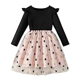 Little Girls Heart Pattern Tulle Dresses Cute Patchwork Ruffle Long Sleeve A-Line Holiday Party Dress for 1-8 Years