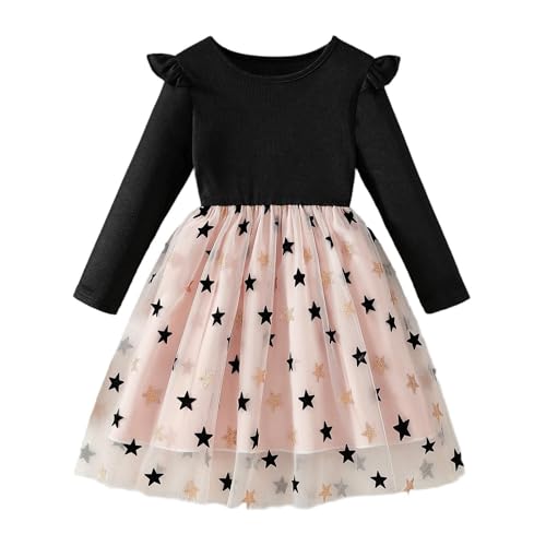 Little Girls Heart Pattern Tulle Dresses Cute Patchwork Ruffle Long Sleeve A-Line Holiday Party Dress for 1-8 Years