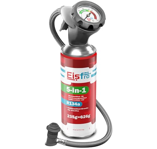 Eisfro - 5in1 - Air Conditioning Recharge R134a + Hose, 2X 235 g for Car AC containing Oil, Sealant, UV Dye and Desiccant – Protects the Compressor - 10