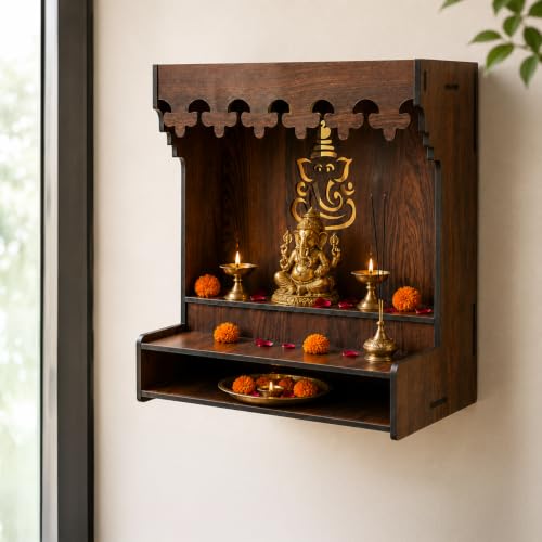Image of The Castle Decor Wooden Mandir for Home, Wall Hanging & Tabletop Pooja Temple with Ganesha Cutwork, 2-Tier Storage Shelf, MDF Mandir for Pooja Room, Office, Hostel, 13 x 15 x 8 Inch (Design-5)