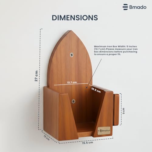 Image of Bmado Multi-Purpose Wooden Iron Press Holder | Safe Shock-Free Design | No Electricity Needed | Holds Iron & Organises Power Cable | Wall-Mounted Holder | Maximum Iron Box Width 5 Inches (12.7 cm)