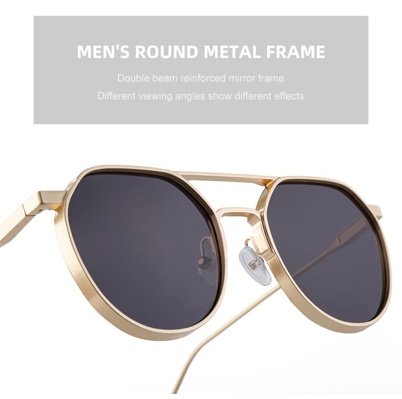Retro Oval Frame Sunglasses, Men's Metal Double Beam Driving Sunglasses-C3 Golden Tea2