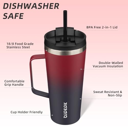 Image of BJPKPK 22oz Insulated Tumbler with Handle, Lid & Straw, Stainless Steel