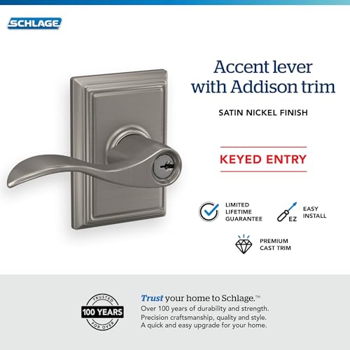 Image of SCHLAGE Accent Lever with Addison Trim Keyed Entry Lock in Satin Nickel - F51A ACC 619 ADD